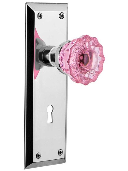 New York Door Set with Keyhole and Colored Fluted Crystal Glass Knobs Pink in Polished Chrome.